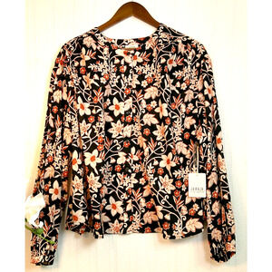 a.n.a Black Floral Blouse Cotton Blend Long Sleeve-Womens 1XL NWT-RTL$49
